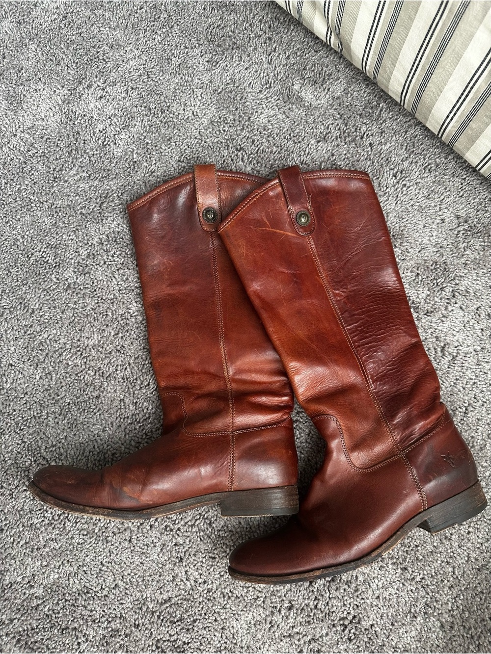 Frye Brown Leather Riding Boots with Button Logo